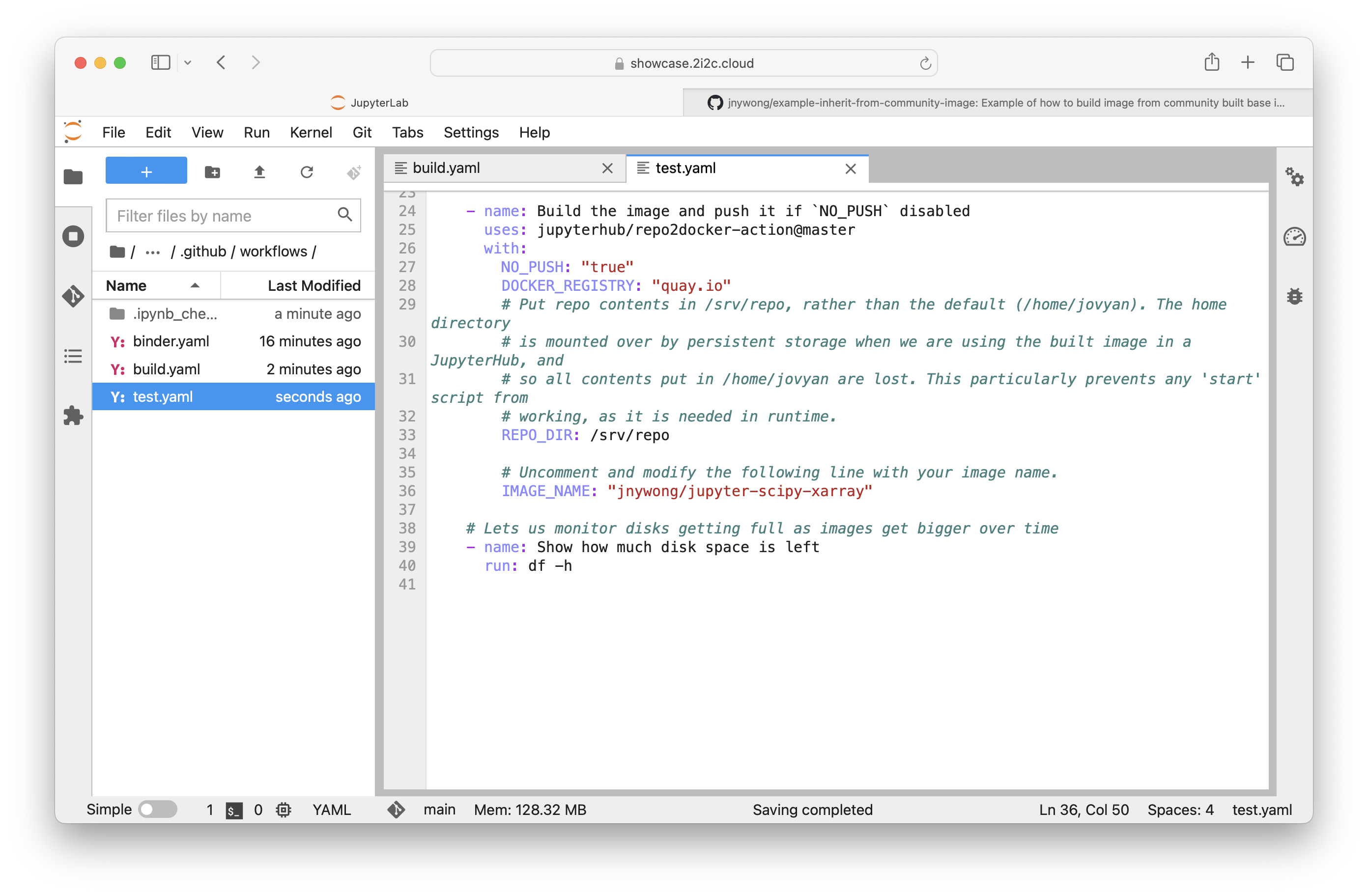 Screenshot of updating the IMAGE_NAME in the GitHub workflow test.yaml file.