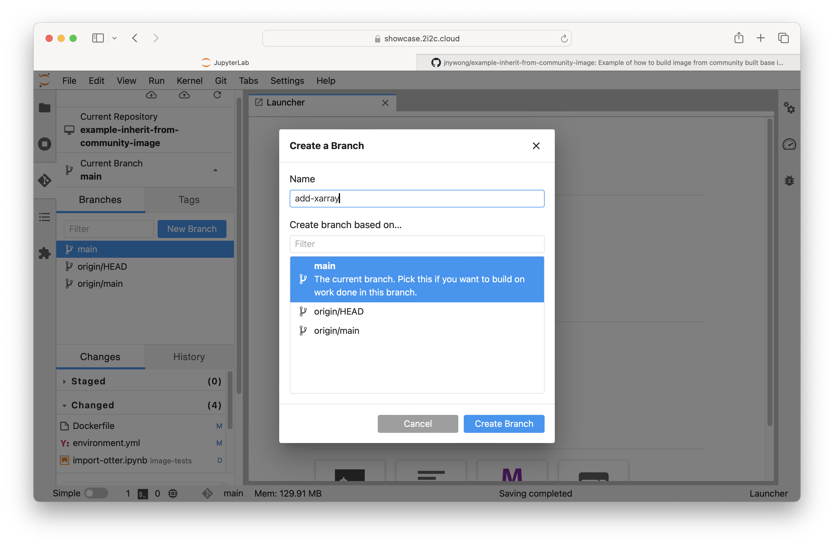 Screenshot of creating a new branch from the main branch using the Git JupyterLab extension.